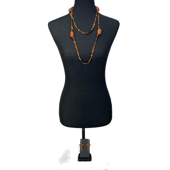 Cedar Brown‎ Bead African Inspired Hand Made Wooden Necklace & Earrings - Picture 4 of 11